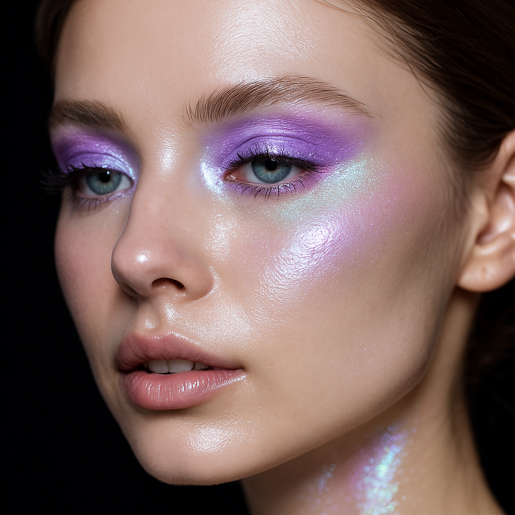 Close-up of a person with vibrant purple eye makeup on a black background